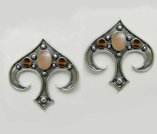 Sterling Silver Gothic Inspired Drop Dangle Earrings With Peach Moonstone And Tiger Eye